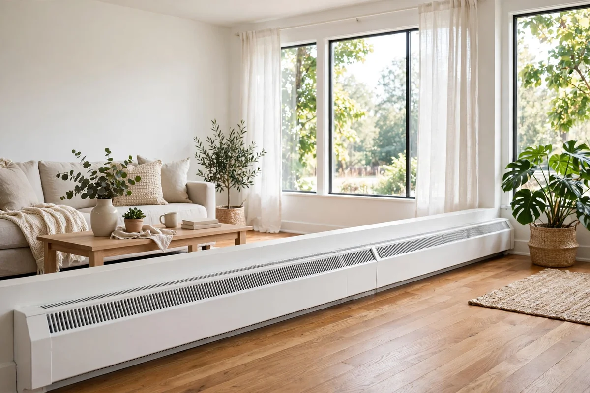A long white baseboard heater along a living room wall