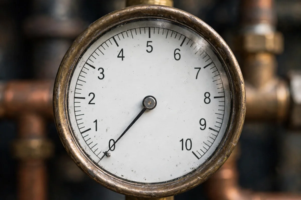A boiler pressure gauge reading low with pipes and valves beside it