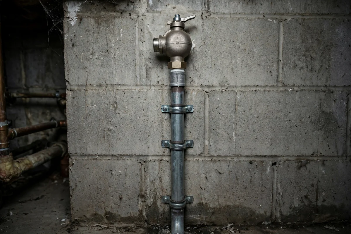 A boiler pressure relief valve with its discharge pipe on a basement wall