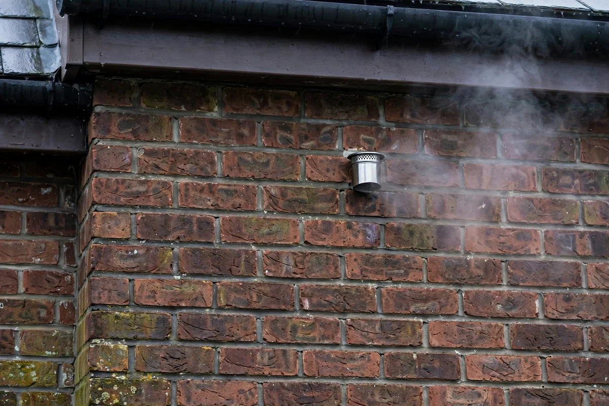 A boiler flue terminal on an outside wall with faint vapor in cold air