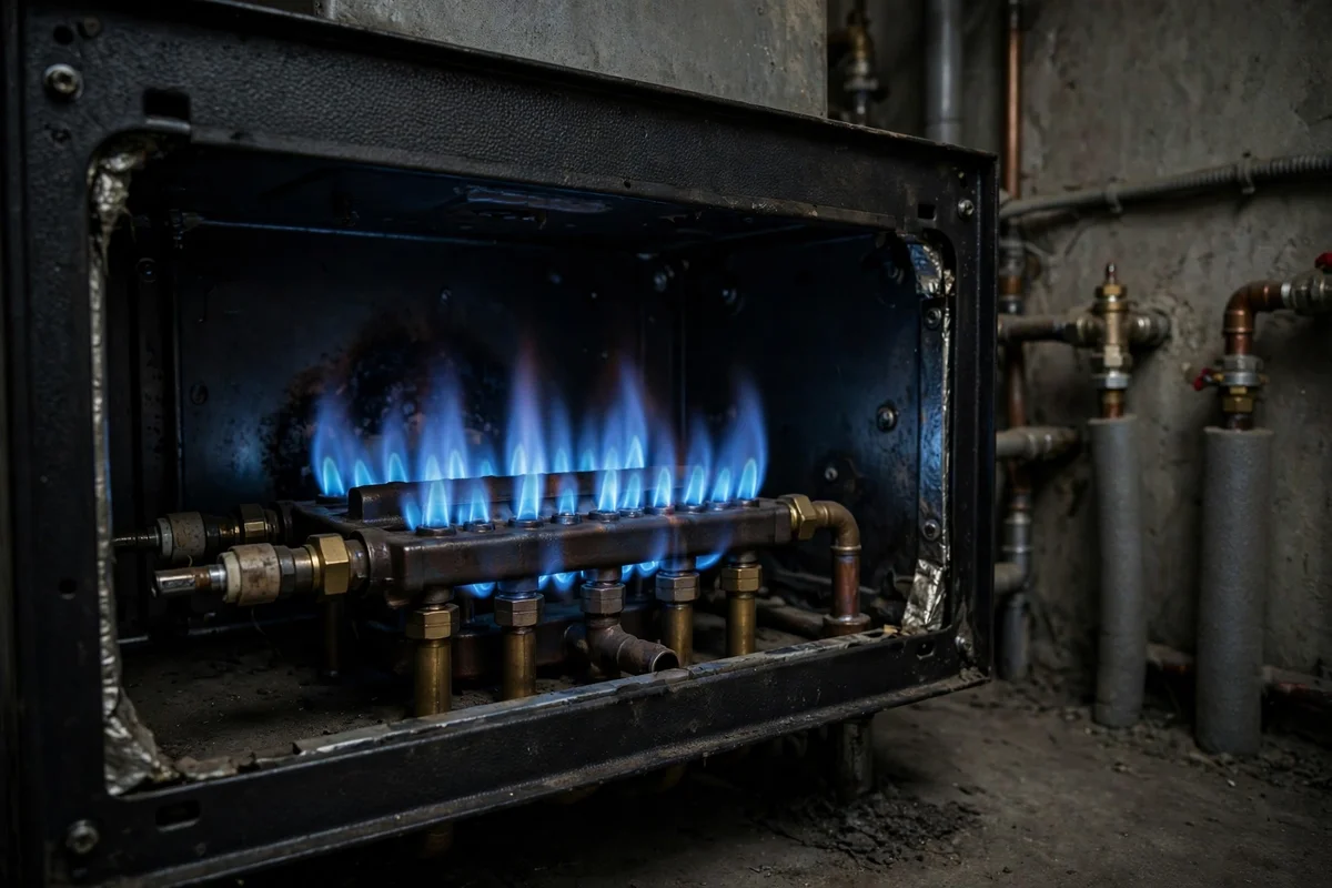A steady blue flame inside a modern gas boiler burner chamber