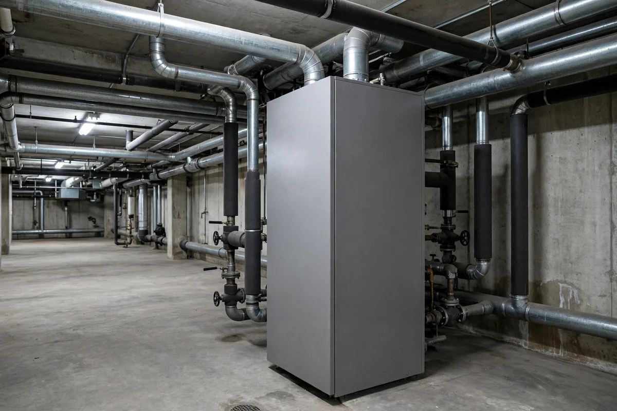 Large boiler in a plant room with extensive overhead pipework