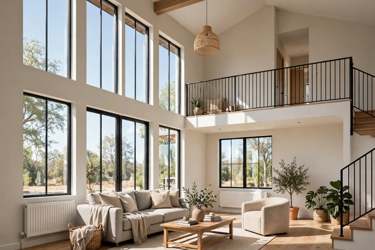 A large two-story home with panel radiators in a bright living room