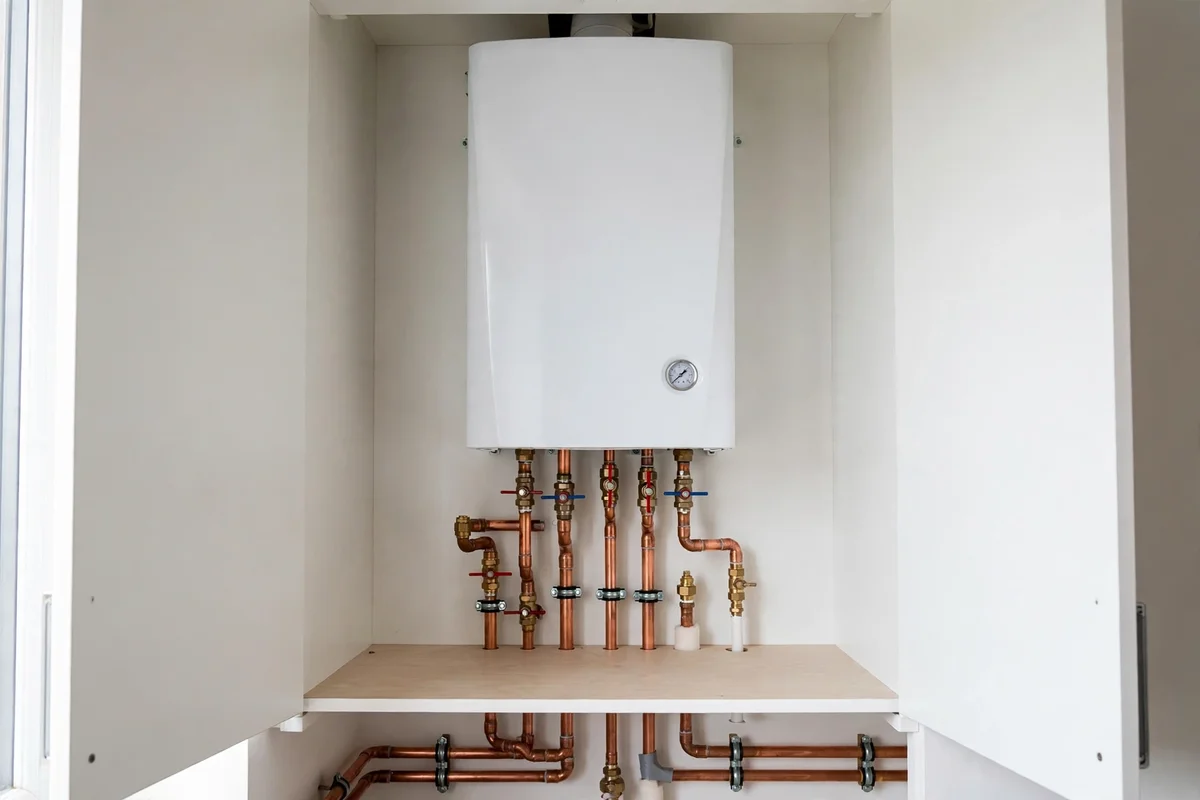A compact modern white wall-mounted boiler in a utility cupboard