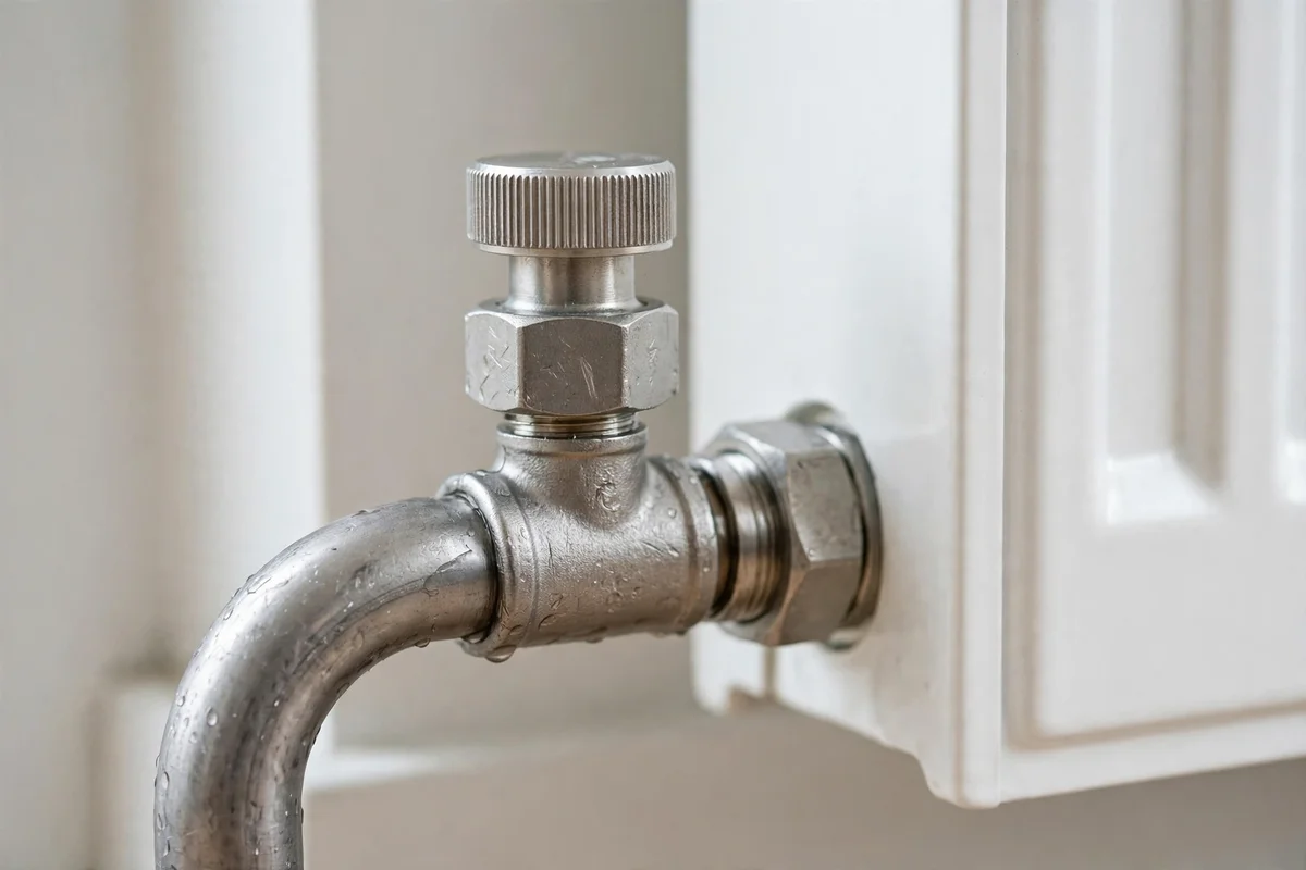A radiator valve and pipe joint on a white radiator
