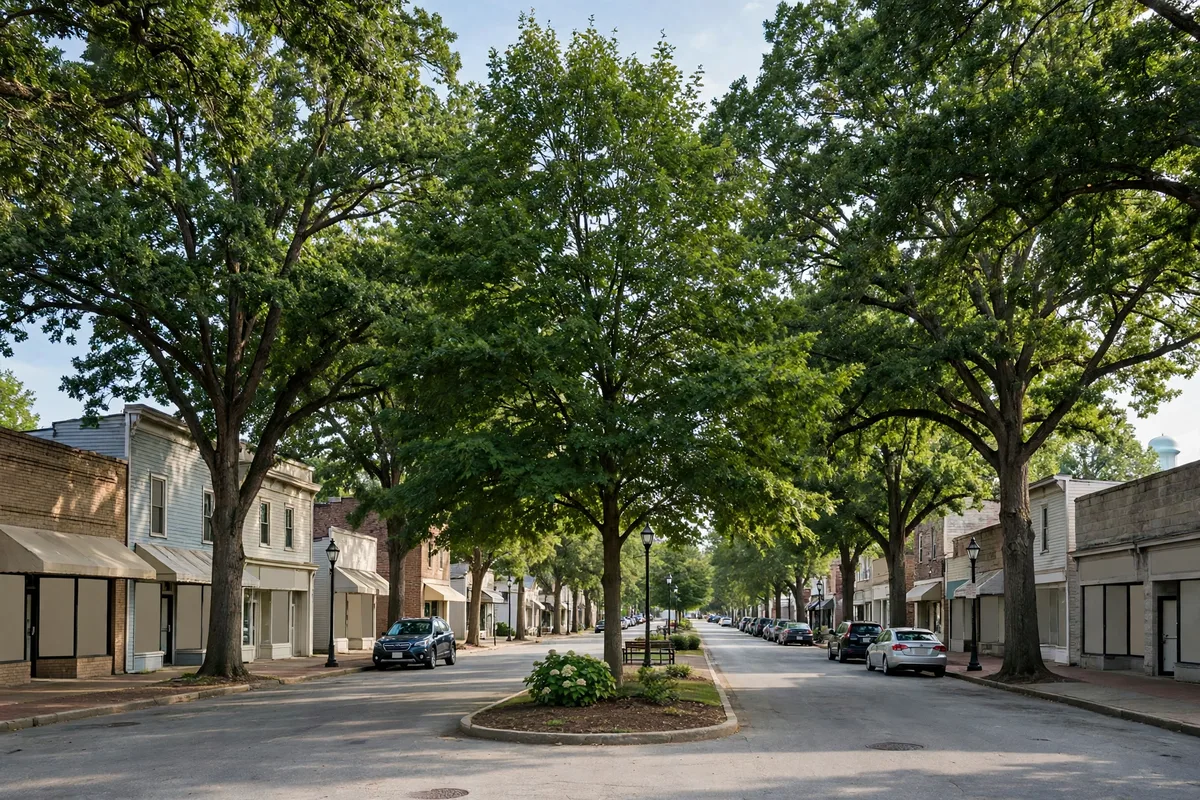 Tree-lined main street with small shops in Bellefonte