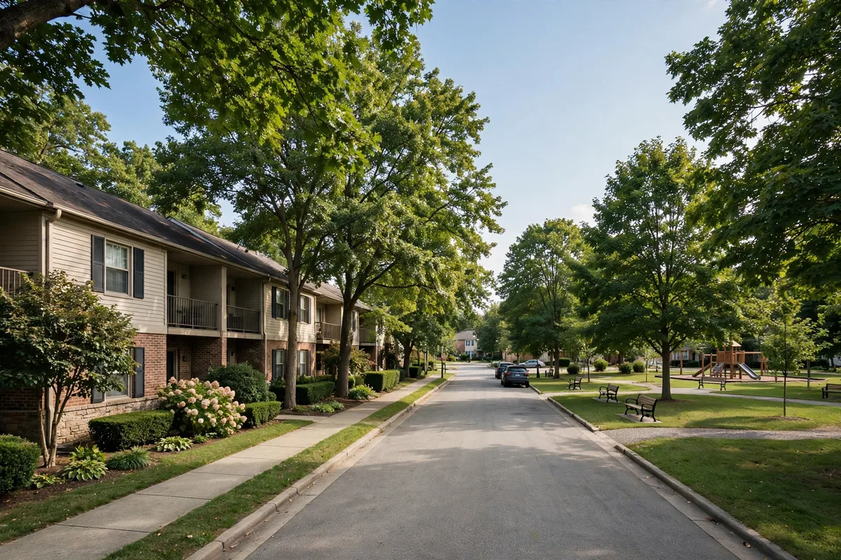 Tree-lined residential street beside a small park in Brookside