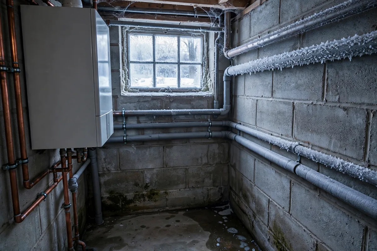Frost on heating pipes in a cold Brookside basement