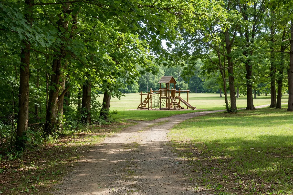 A park path and wooden playground in a Camden-area county park