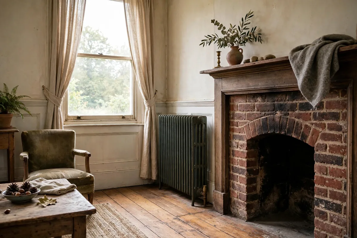 A cast iron radiator beside a brick fireplace in an older Camden living room