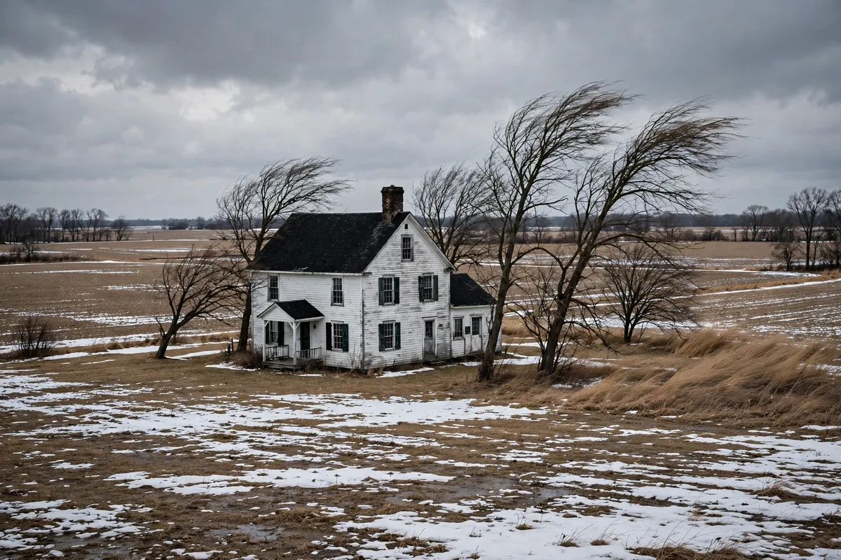 A farmhouse on open farmland near Clayton in winter