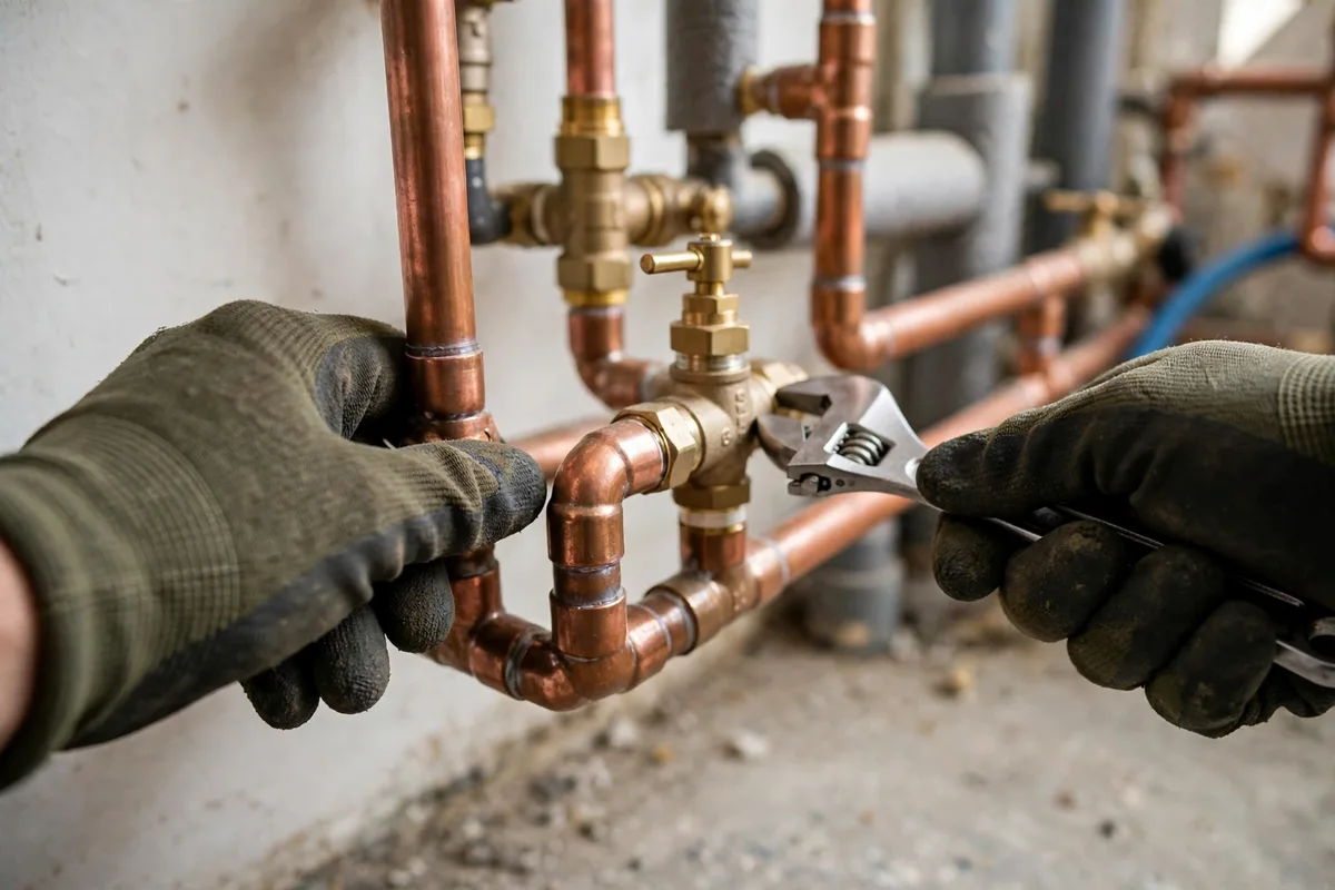 Gloved hands tightening a brass valve on copper boiler pipework in a Dover home