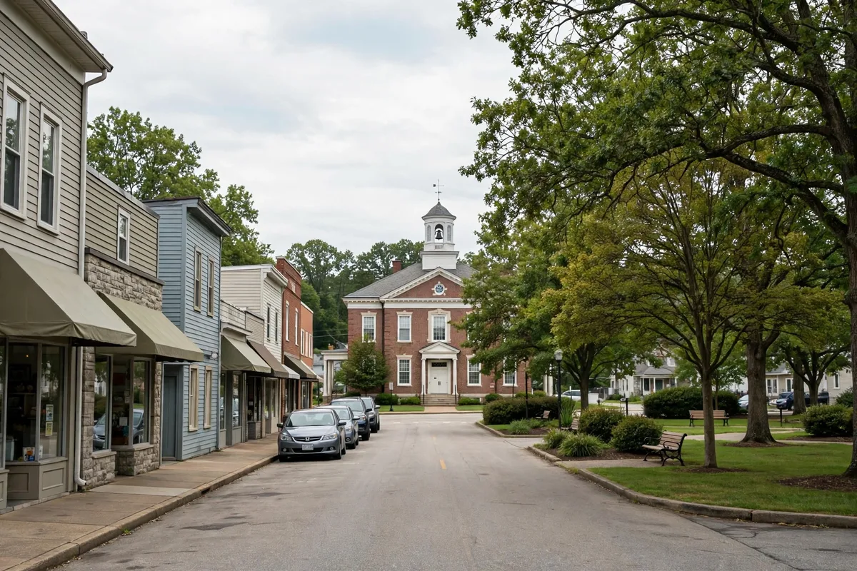 Small-town commercial street with shops and a brick town building in Elsmere