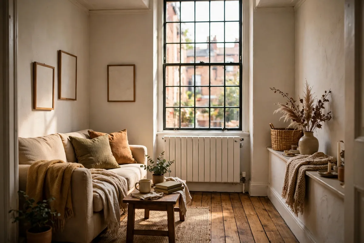 Panel radiator under a tall window in a narrow Elsmere rowhouse living room