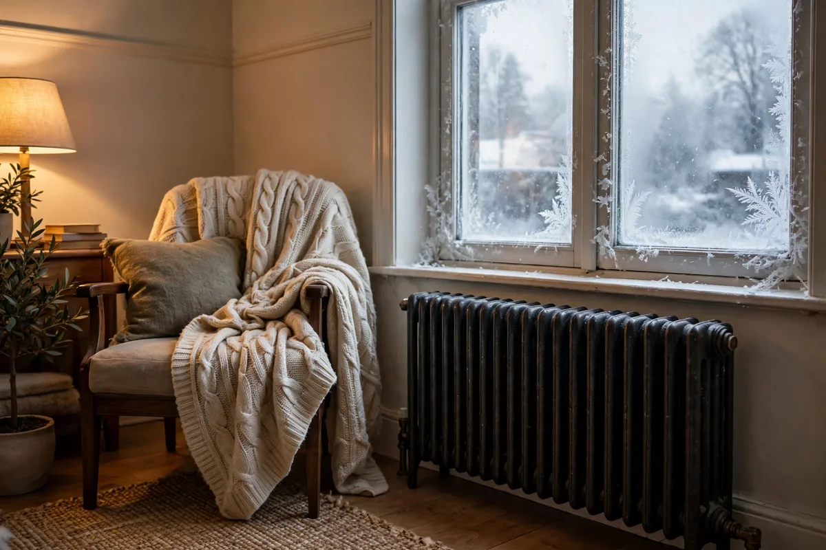 Cast iron radiator under a frosted window in a warm Elsmere room in winter