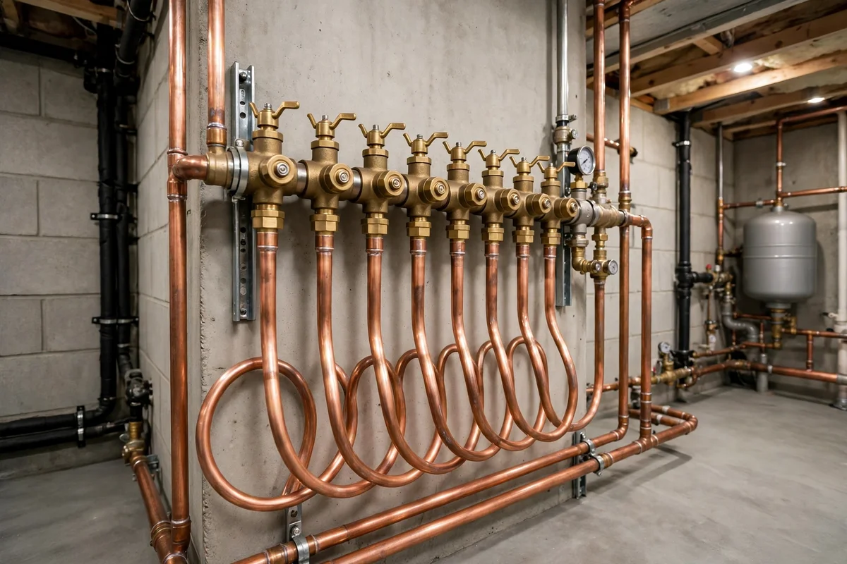Copper manifold with brass zone valves feeding several loops in a Hockessin basement