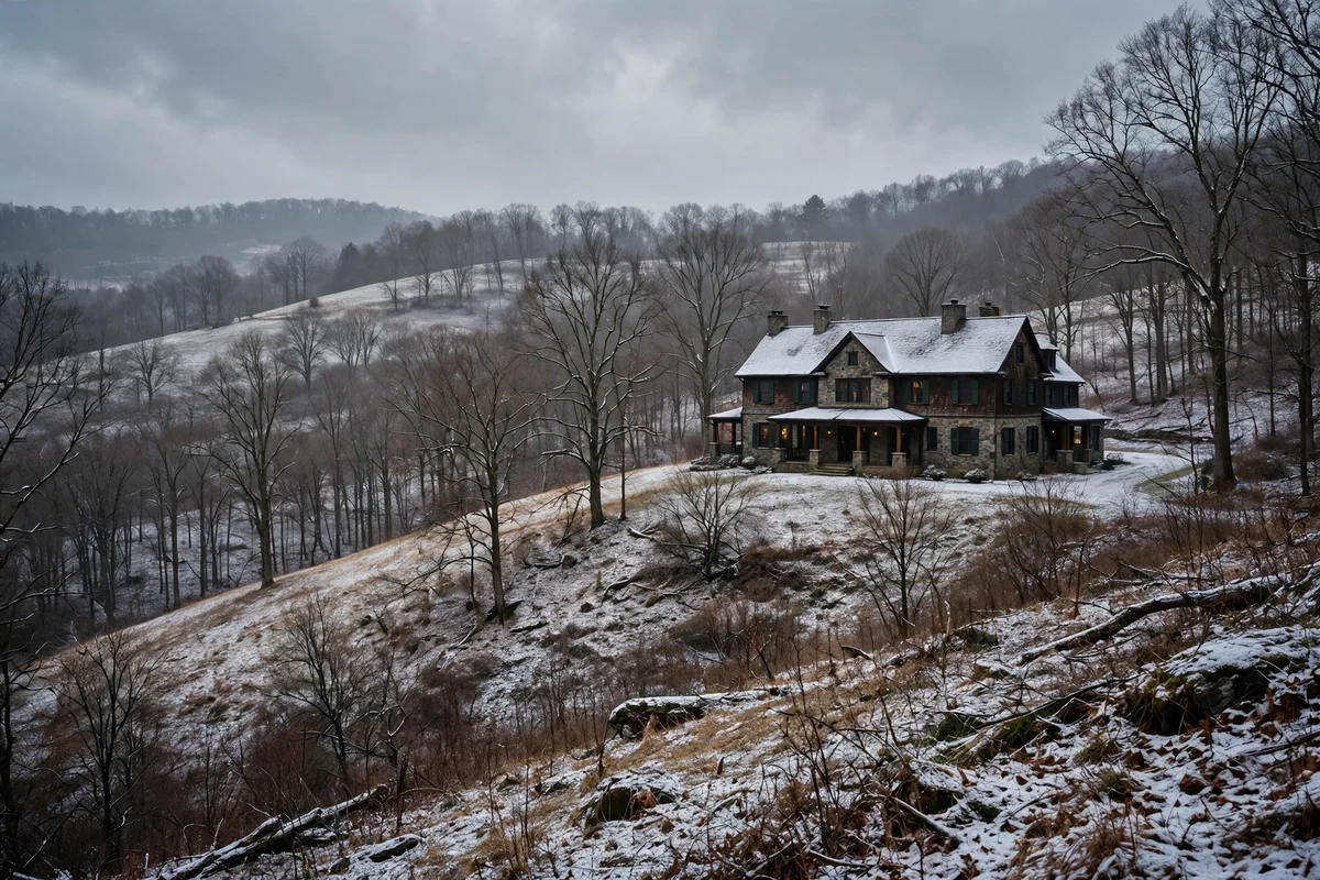 Large house on a snowy wooded hillside in Hockessin in winter