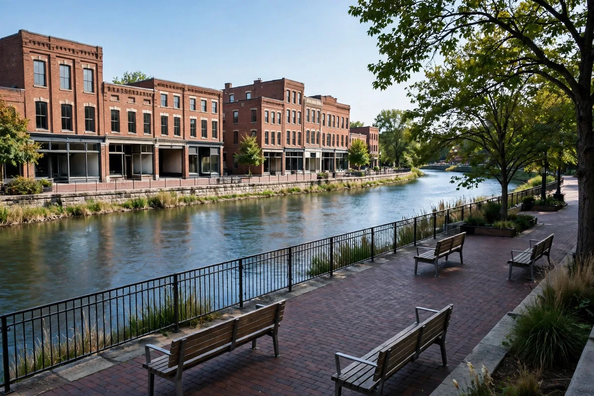 The riverwalk beside the river in downtown Milford