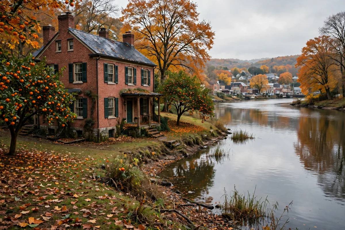 A brick house beside the river in Milford in autumn