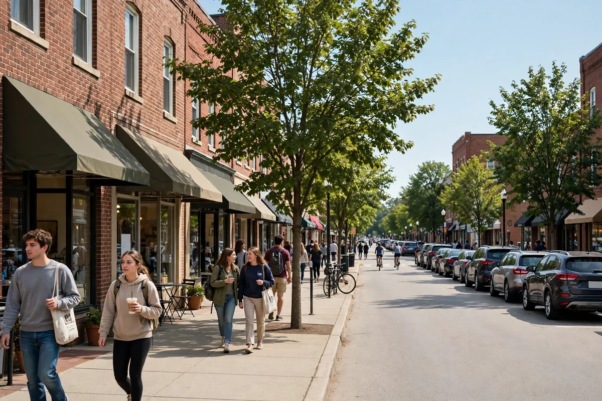 Brick shopfronts and wide sidewalks along a busy main street in Newark