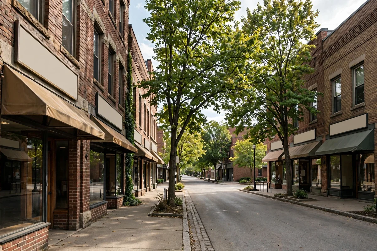 Brick shopfronts and trees along a college town main street in Newark