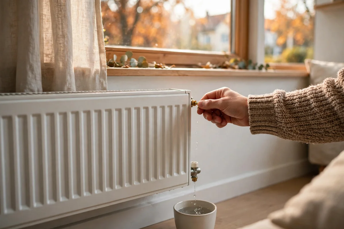 A hand bleeding a white panel radiator into a cup in autumn light in a Newark home
