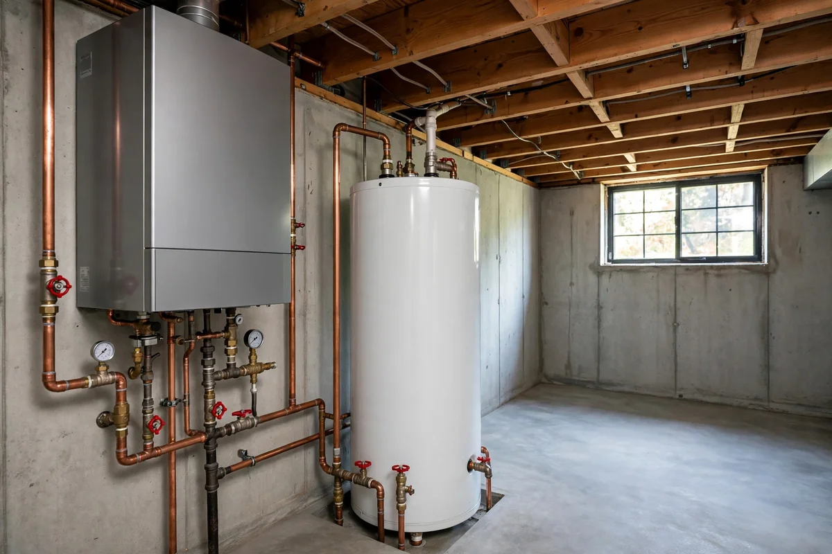 Basement utility area with a boiler in Newark