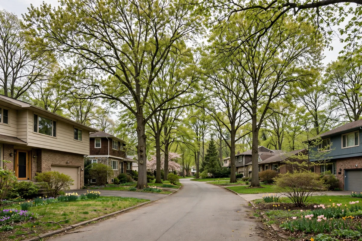 Wooded street with split-level houses in Pike Creek
