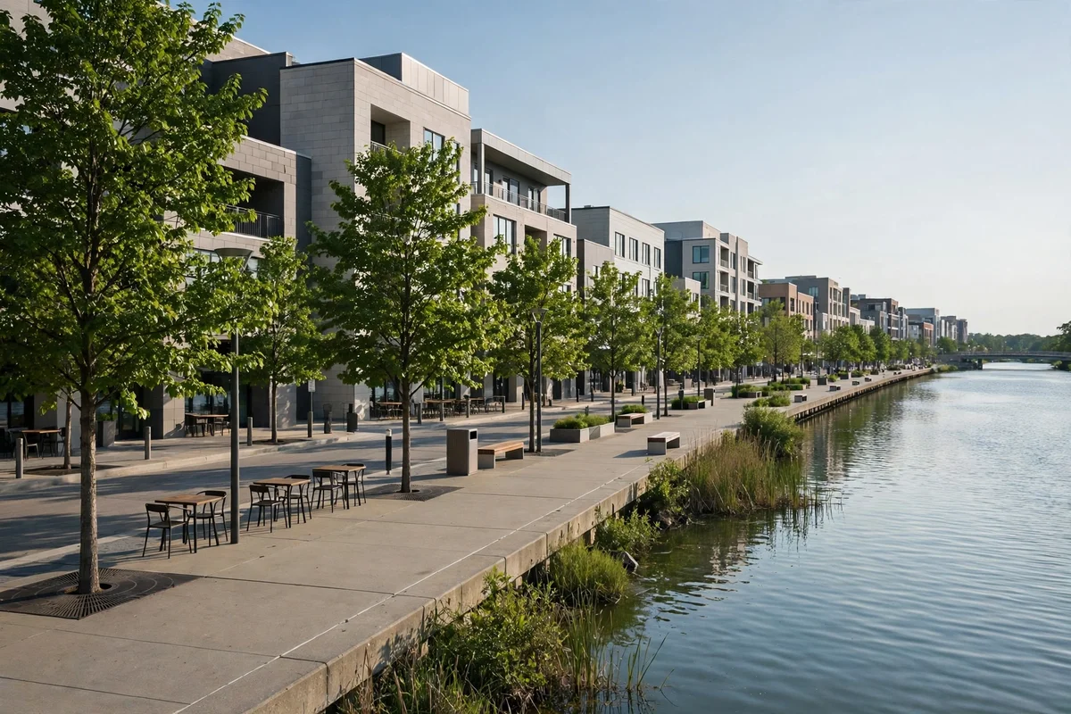 Riverfront promenade with trees and modern buildings beside calm water in Wilmington