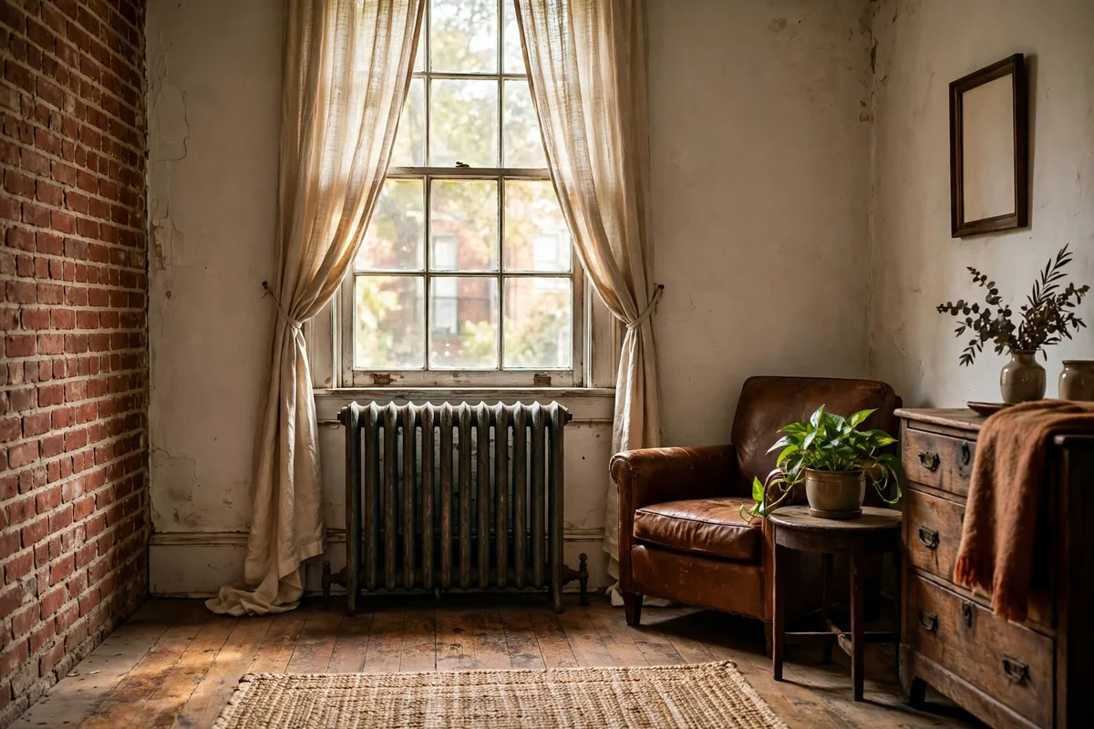 Cast iron radiator under a tall window in an older Wilmington brick rowhouse living room
