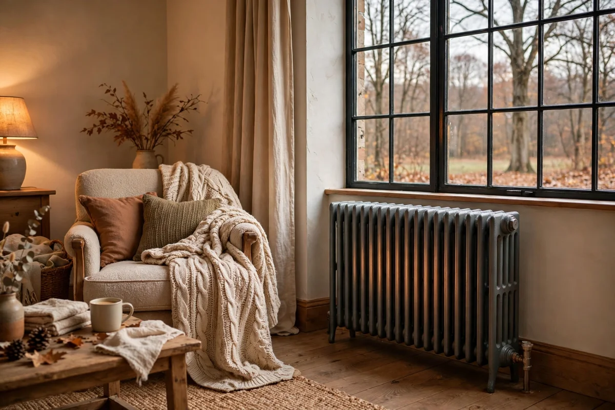 Warm radiator beside a window looking out on bare autumn trees in a Wilmington home