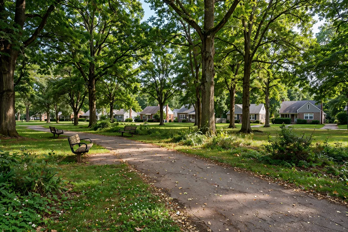 Neighborhood park path with benches and postwar homes in Wilmington Manor