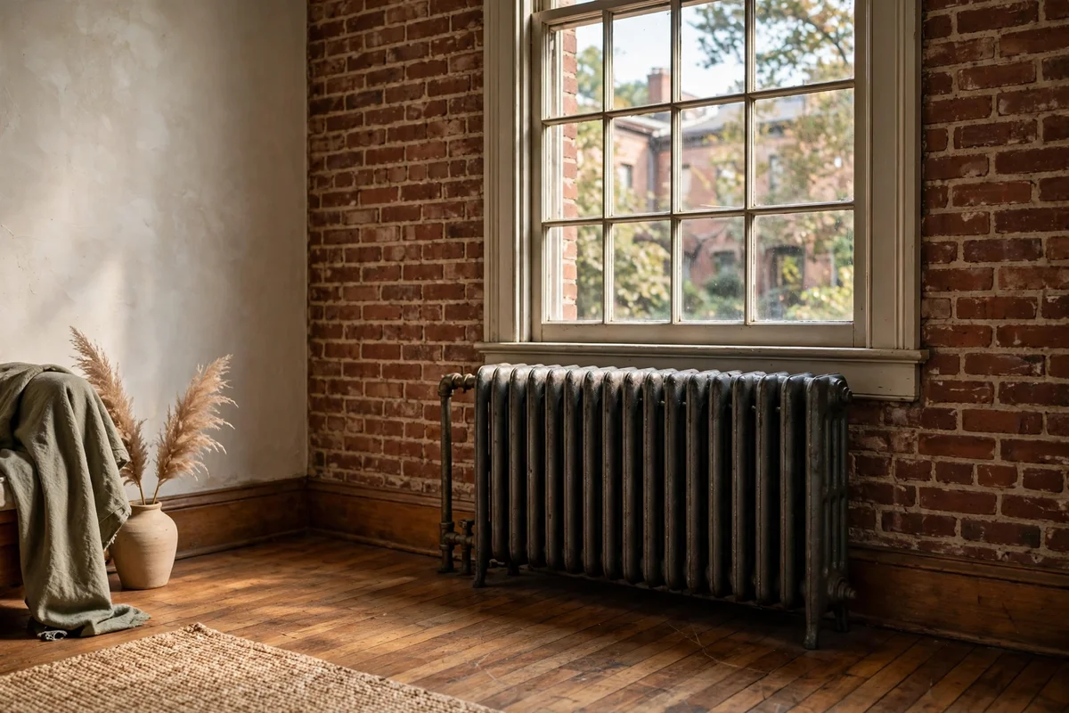 Cast iron radiator beside a window in an older Wilmington brick home