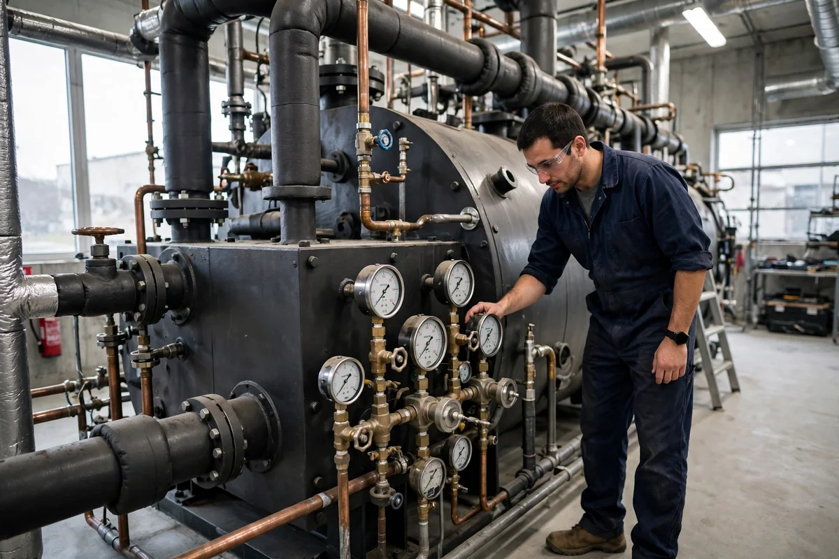 Technician checking gauges on a large commercial boiler