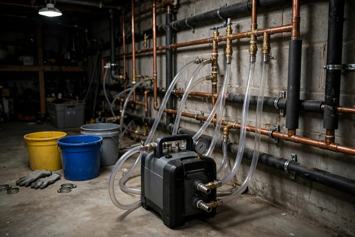 Flush pump with clear hoses connected to heating pipes and buckets