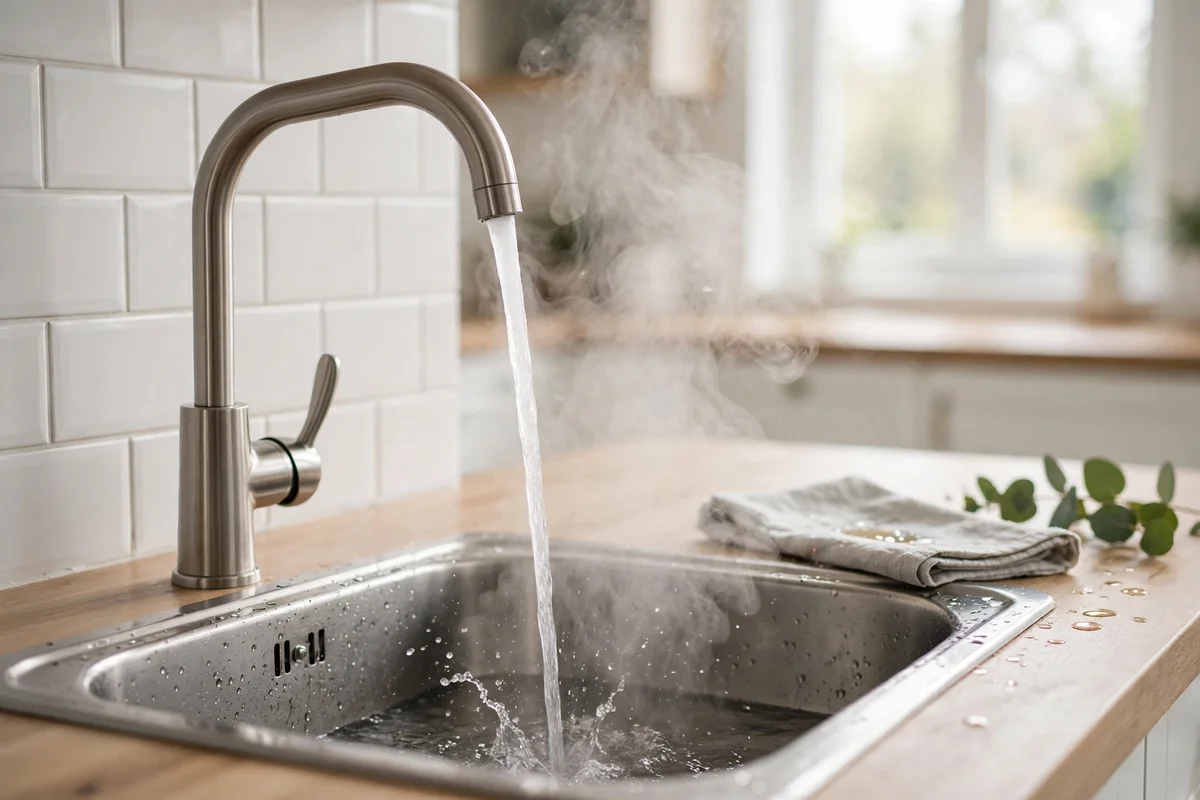 Kitchen tap running steaming hot water into a sink