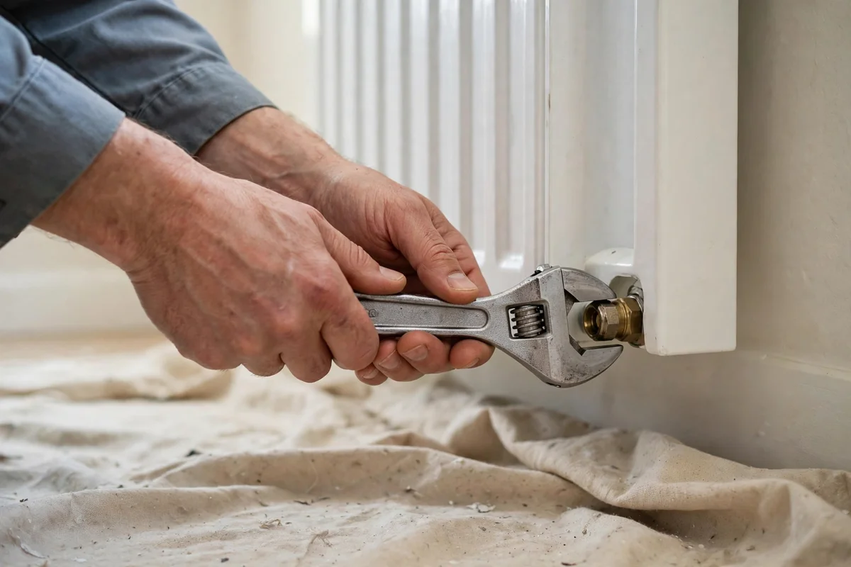 Hands tightening a radiator valve with a wrench over a drop cloth